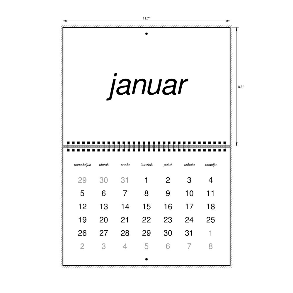 Leskoff 2026 Wall Calendar, Serbian (Latin)-Labeled, Monday-Start Layout, Wire-Bound, 11.7 x 8.3 in (29.7 x 21.0 cm), image 2 of 2