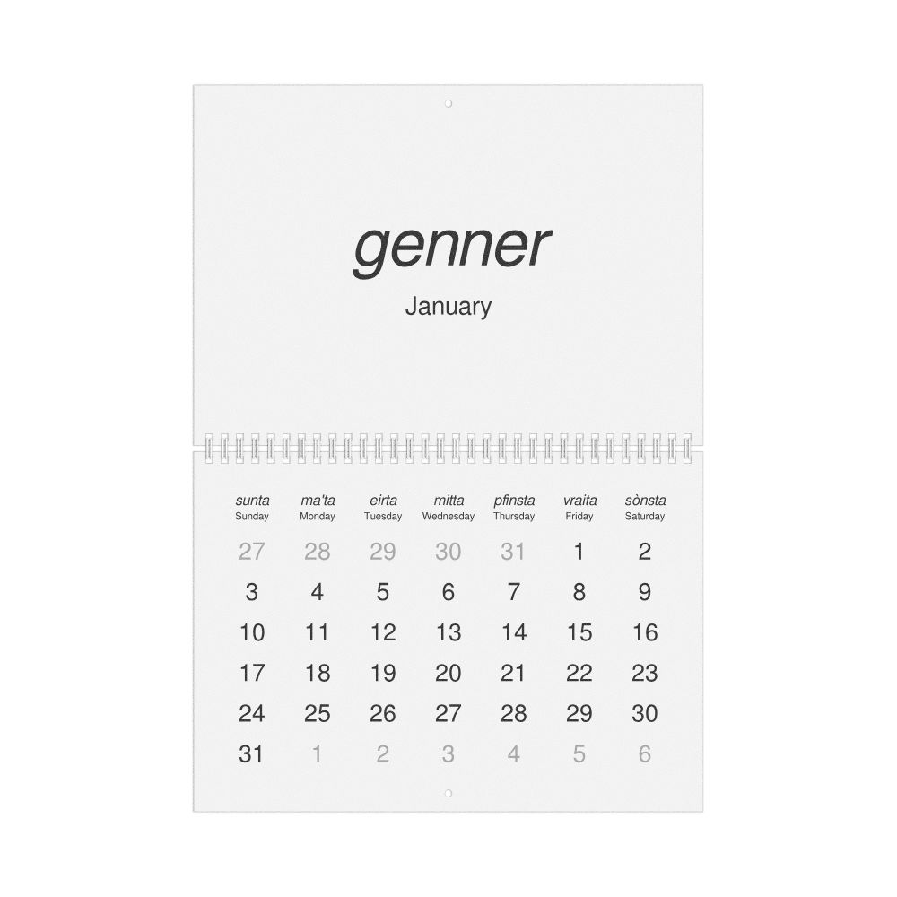 Leskoff 2027 Wall Calendar, Mòcheno/English-Labeled, Sunday-Start Layout, Wire-Bound, 11.7 x 8.3 in (29.7 x 21.0 cm), image 1 of 1