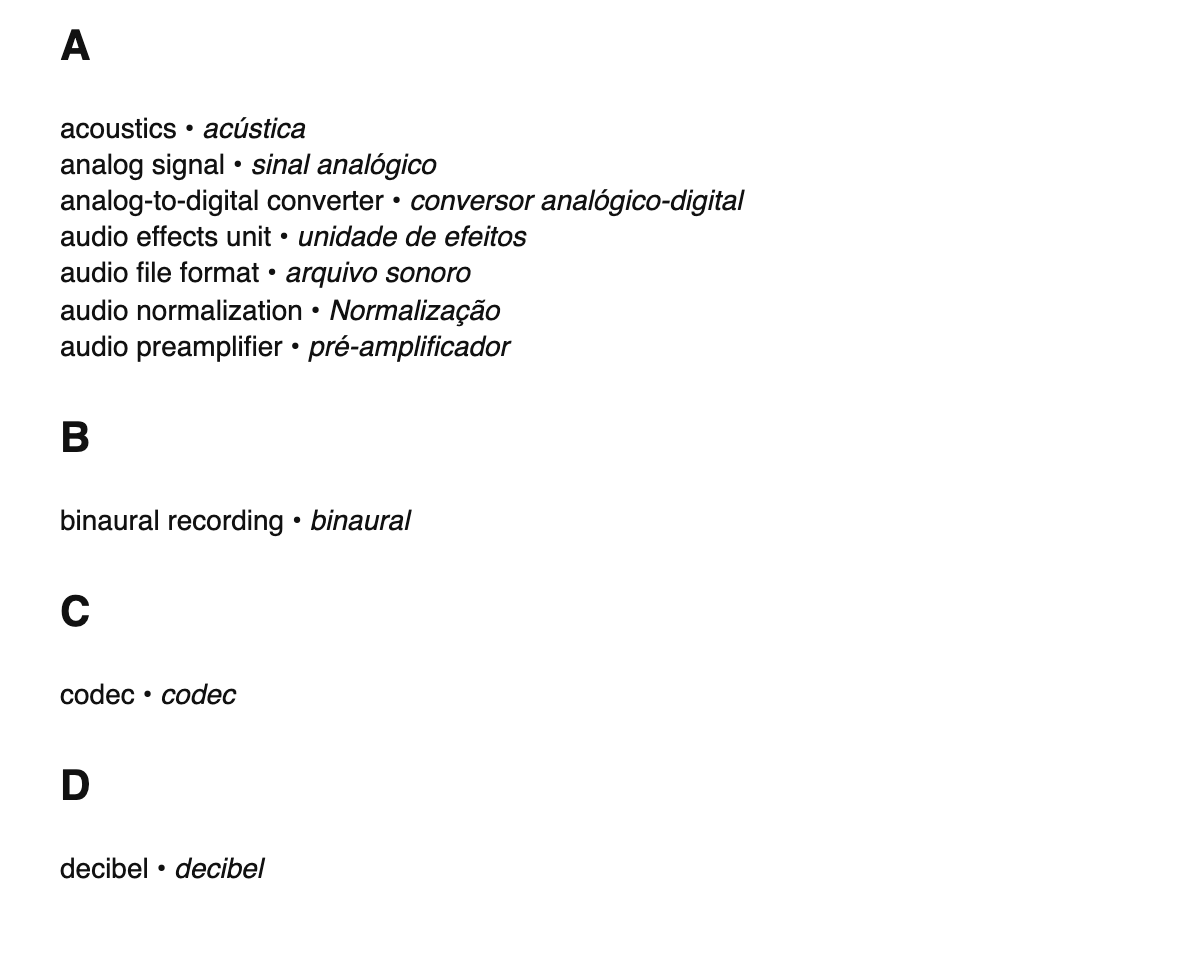 Audio engineering terms in Portuguese