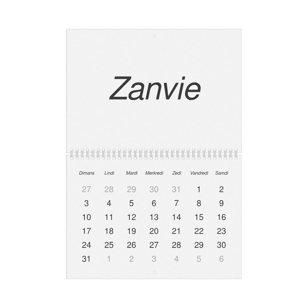 Leskoff 2027 Wall Calendar, Mauritian Creole-Labeled, Sunday-Start Layout, Wire-Bound, 11.7 x 8.3 in (29.7 x 21.0 cm), image 1 of 1