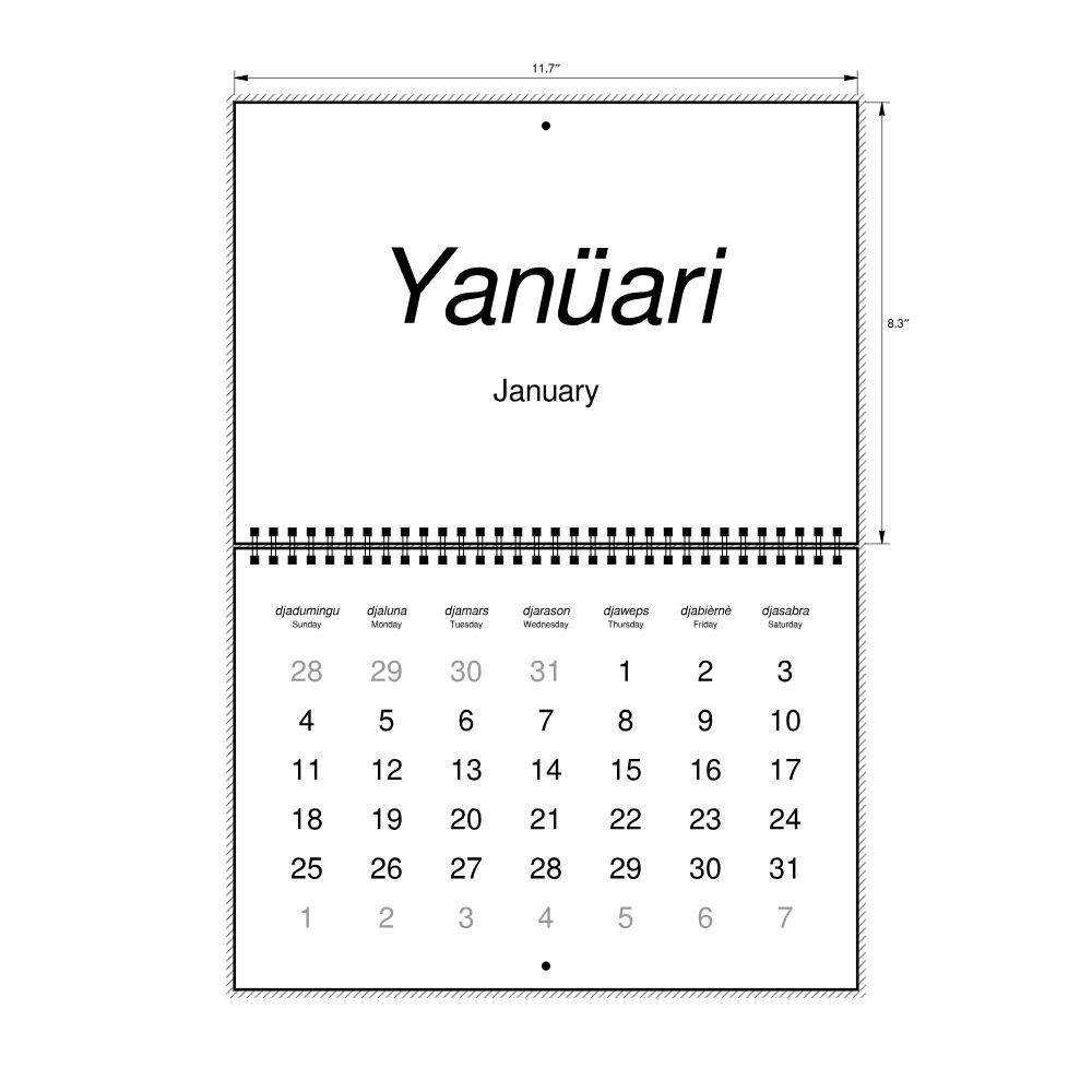 Leskoff 2026 Wall Calendar, Papiamento/English-Labeled, Sunday-Start Layout, Wire-Bound, 11.7 x 8.3 in (29.7 x 21.0 cm), image 2 of 2