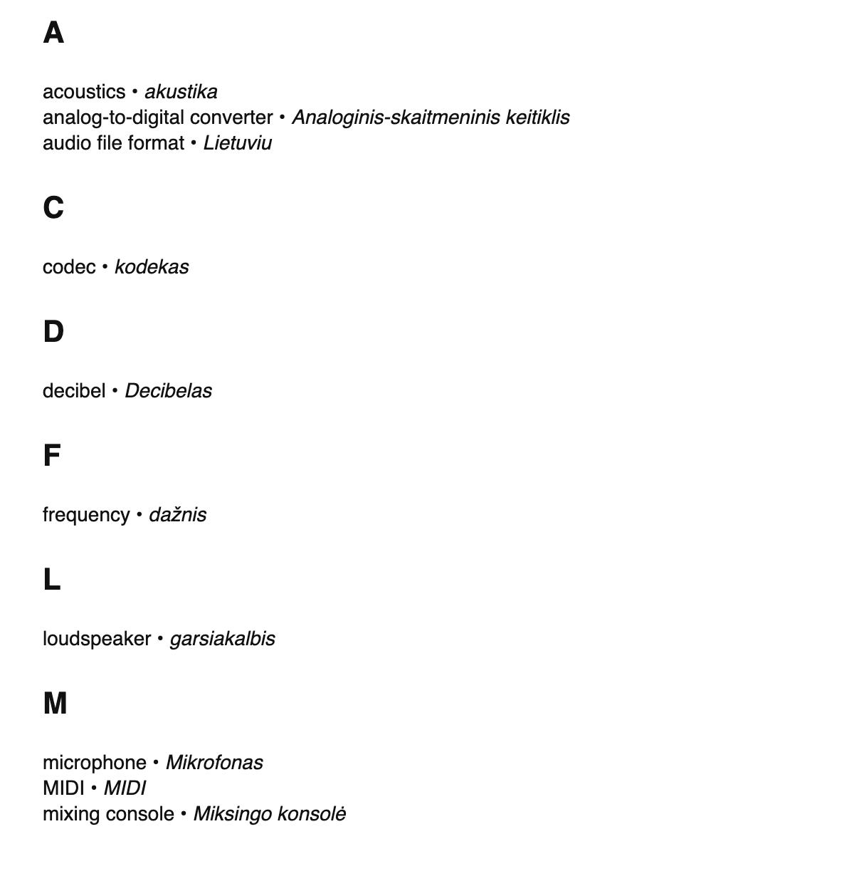 Audio engineering terms in Lithuanian