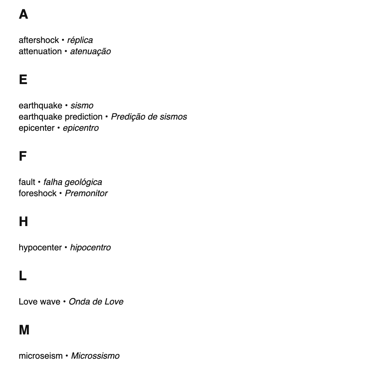 Seismology terms in Portuguese