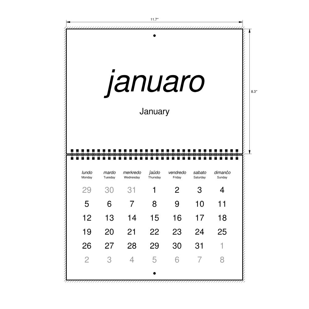 Leskoff 2026 Wall Calendar, Esperanto/English-Labeled, Monday-Start Layout, Wire-Bound, 11.7 x 8.3 in (29.7 x 21.0 cm), image 2 of 2
