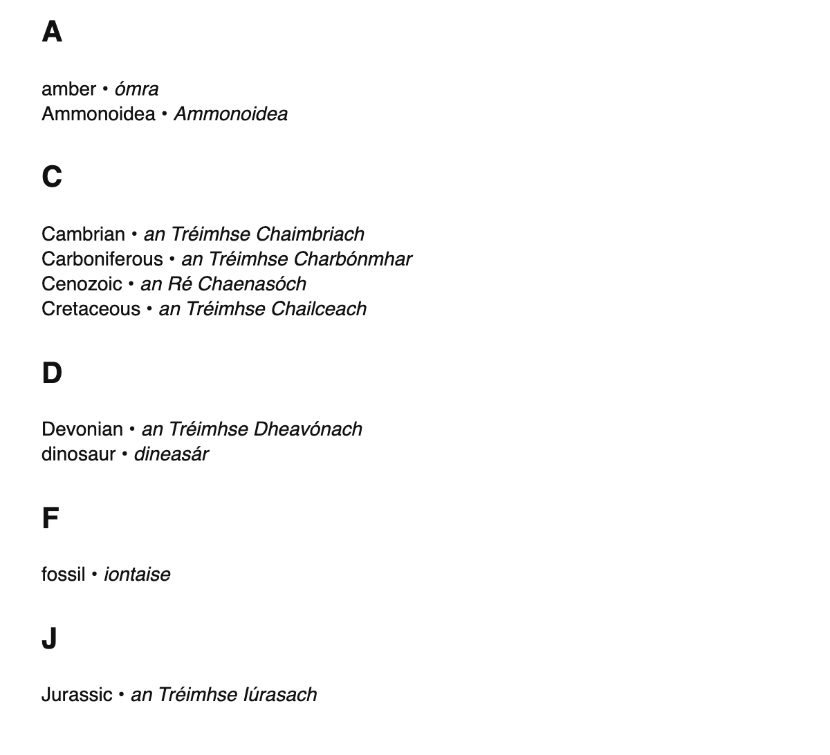 Paleontology terms in Irish
