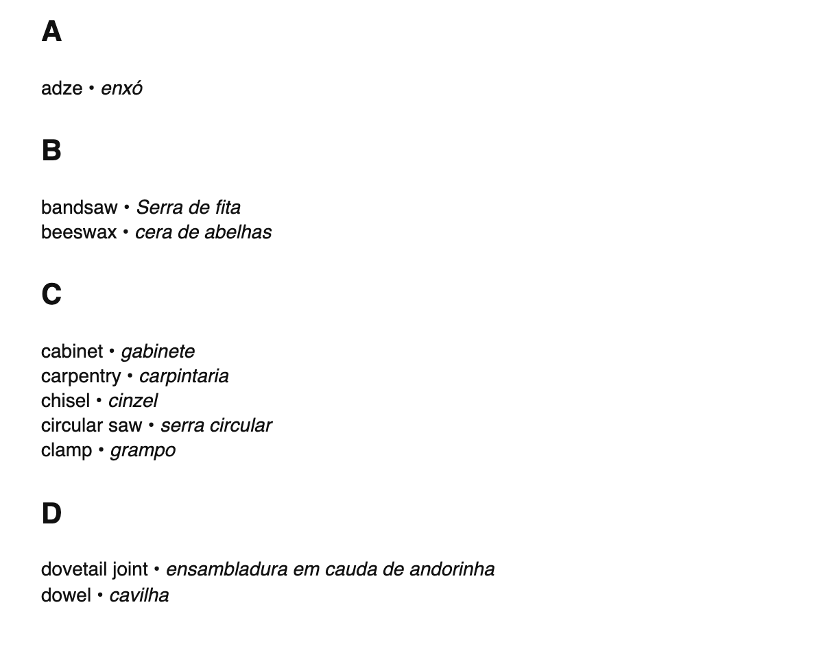 Woodworking terms in Portuguese