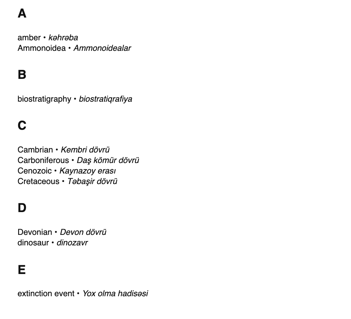 Paleontology terms in Azerbaijani