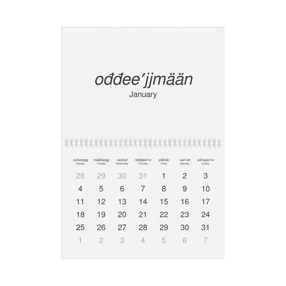 Leskoff 2027 Wall Calendar, Skolt Sámi/English-Labeled, Monday-Start Layout, Wire-Bound, 11.7 x 8.3 in (29.7 x 21.0 cm), image 1 of 1