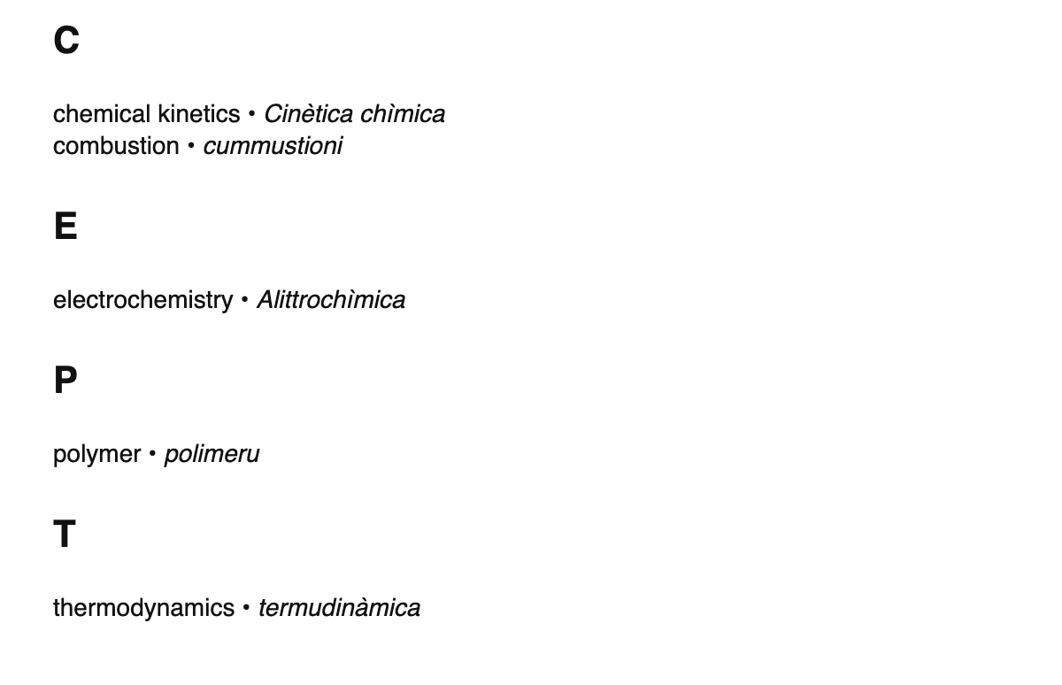 Chemical engineering terms in Sicilian