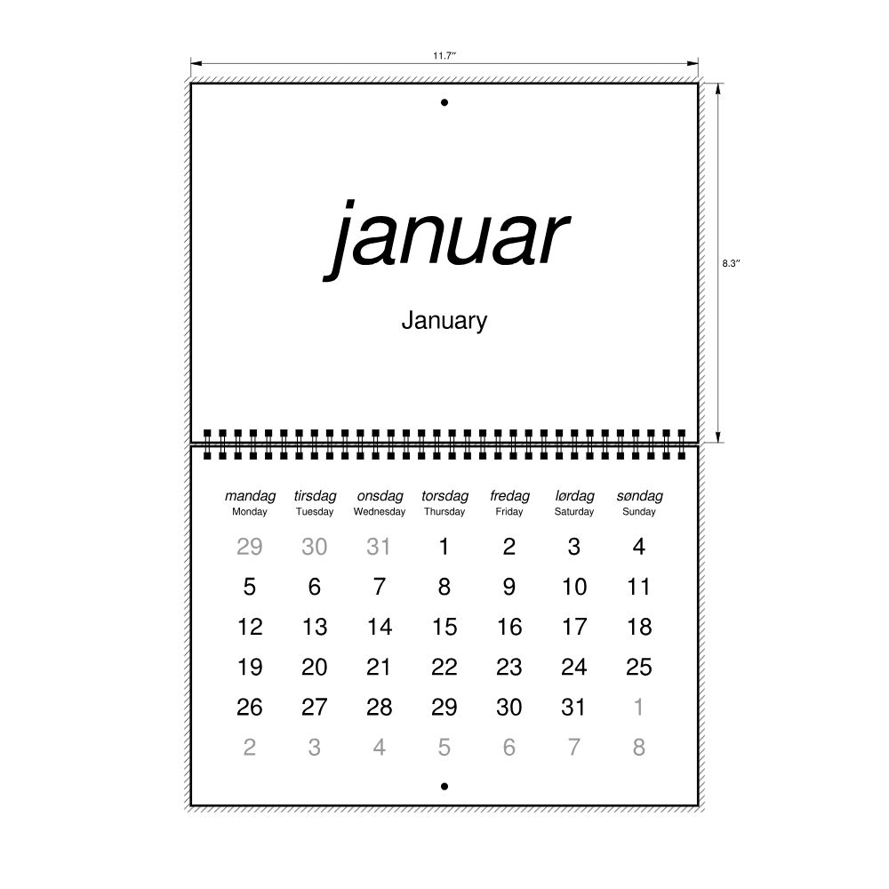Leskoff 2026 Wall Calendar, Danish/English-Labeled, Monday-Start Layout, Wire-Bound, 11.7 x 8.3 in (29.7 x 21.0 cm), image 2 of 2