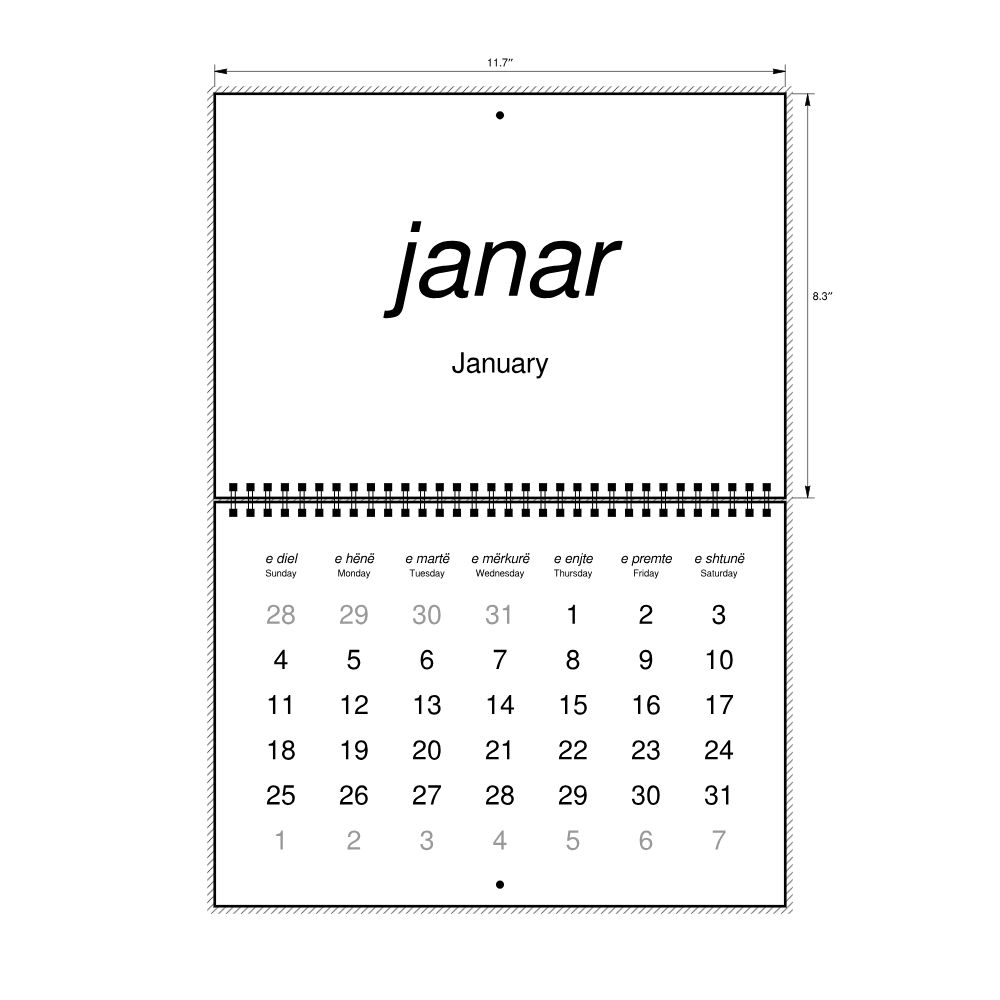 Leskoff 2026 Wall Calendar, Albanian/English-Labeled, Sunday-Start Layout, Wire-Bound, 11.7 x 8.3 in (29.7 x 21.0 cm), image 2 of 2