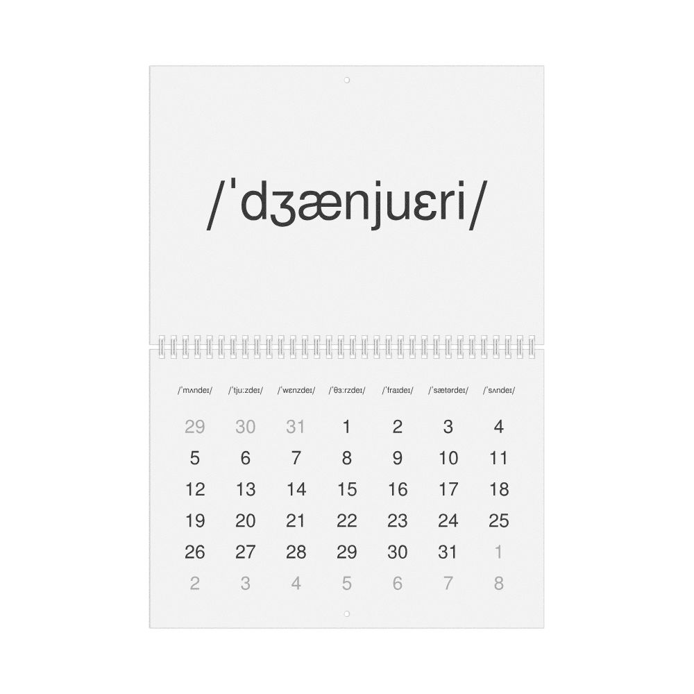 Leskoff 2026 Phonetic Wall Calendar, IPA-Labeled (English), Monday-Start Layout, Wire-Bound, 11.7 x 8.3 in (29.7 x 21.0 cm), image 1 of 1