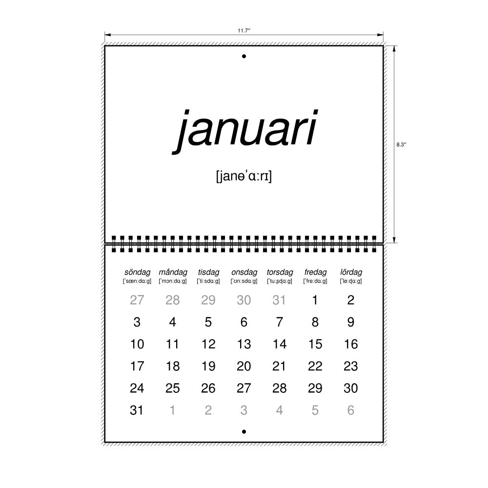 Leskoff 2027 Phonetic Wall Calendar, Swedish-Labeled with IPA, Sunday-Start Layout, Wire-Bound, 11.7 x 8.3 in (29.7 x 21.0 cm), image 2 of 2