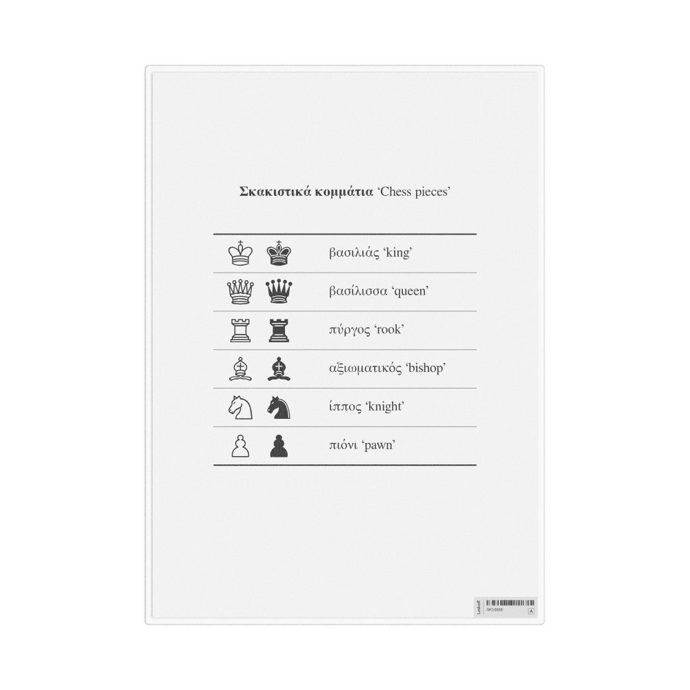 Leskoff Chess Pieces in Greek, Desk Chart, 8.3 x 11.7 in (21.0 x 29.7 cm), image 1 of 1