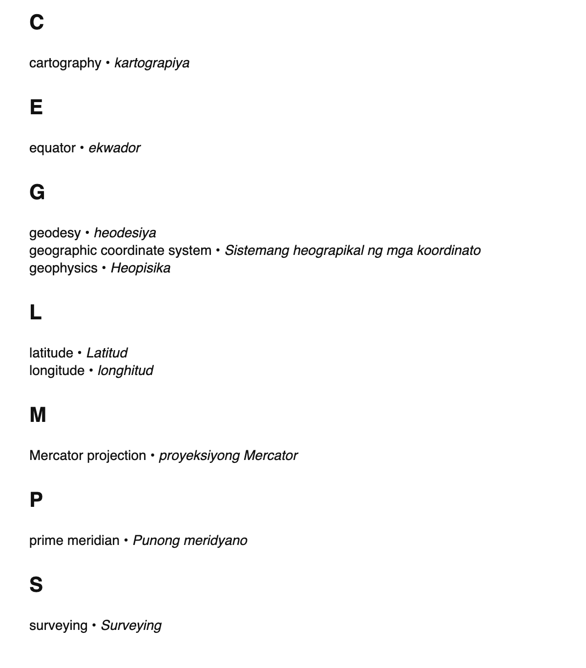 Geodesy terms in Tagalog