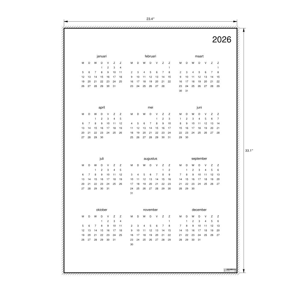 Leskoff 2026 Wall Calendar, Dutch-Labeled, Monday-Start Layout, Poster / Wall Print, 23.4 x 33.1 in (59.4 x 84.1 cm), image 2 of 2