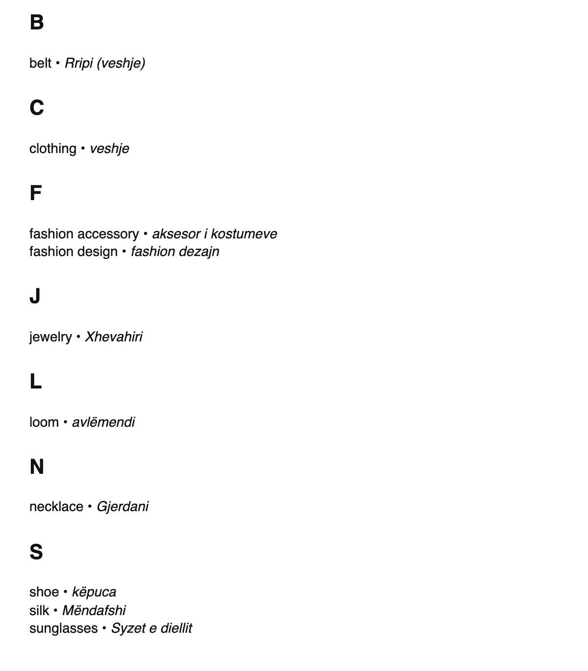 Fashion design terms in Albanian