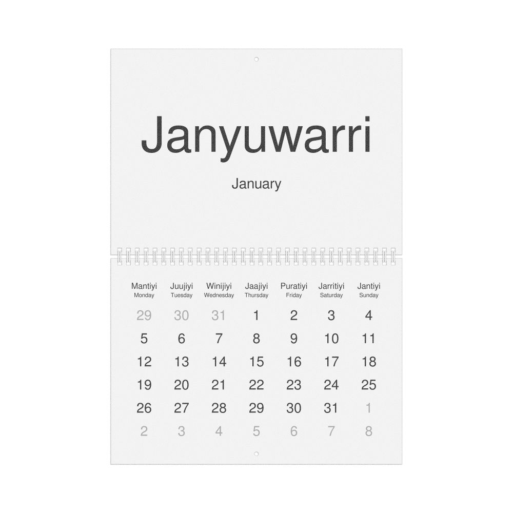 Leskoff 2026 Wall Calendar, Warlpiri/English-Labeled, Monday-Start Layout, Wire-Bound, 11.7 x 8.3 in (29.7 x 21.0 cm), image 1 of 1