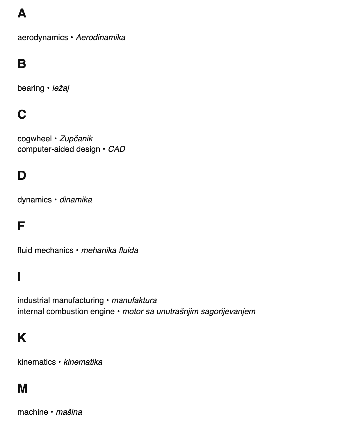 Mechanical engineering terms in Bosnian