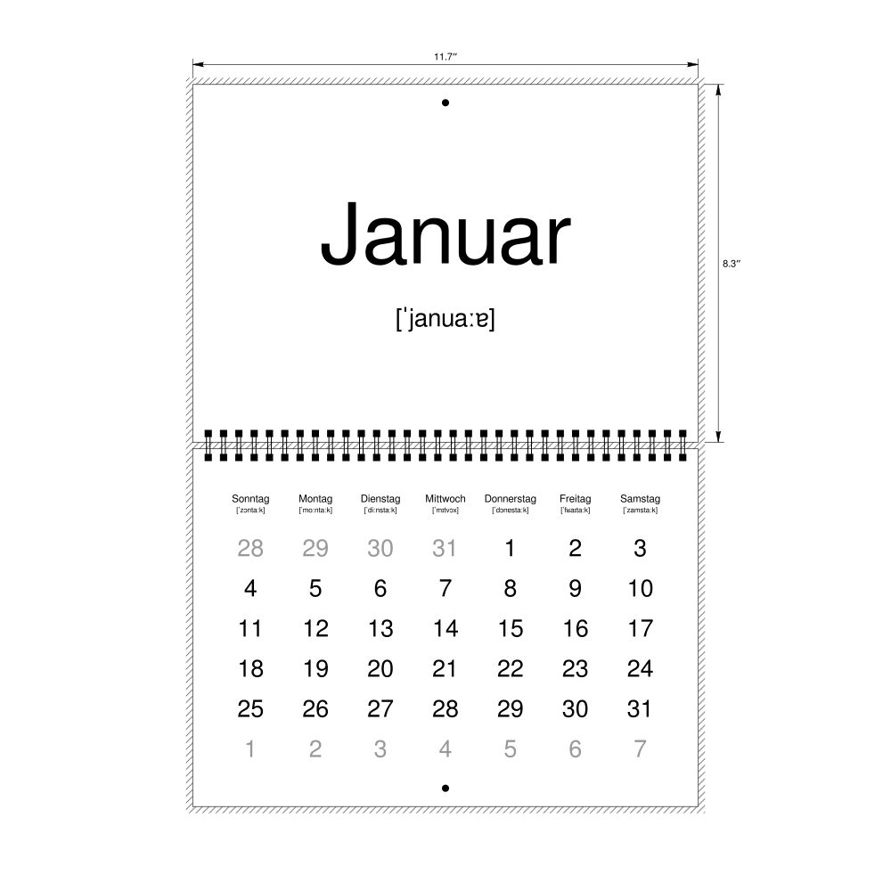 Leskoff 2026 Phonetic Wall Calendar, German-Labeled with IPA, Sunday-Start Layout, Wire-Bound, 11.7 x 8.3 in (29.7 x 21.0 cm), image 2 of 2