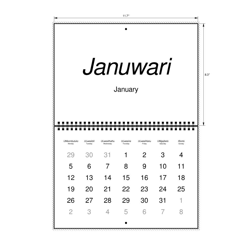Leskoff 2026 Wall Calendar, Zulu/English-Labeled, Monday-Start Layout, Wire-Bound, 11.7 x 8.3 in (29.7 x 21.0 cm), image 2 of 2