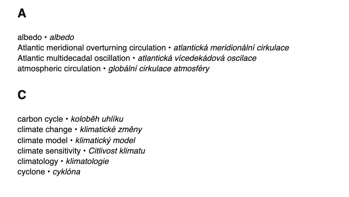 Climatology terms in Czech