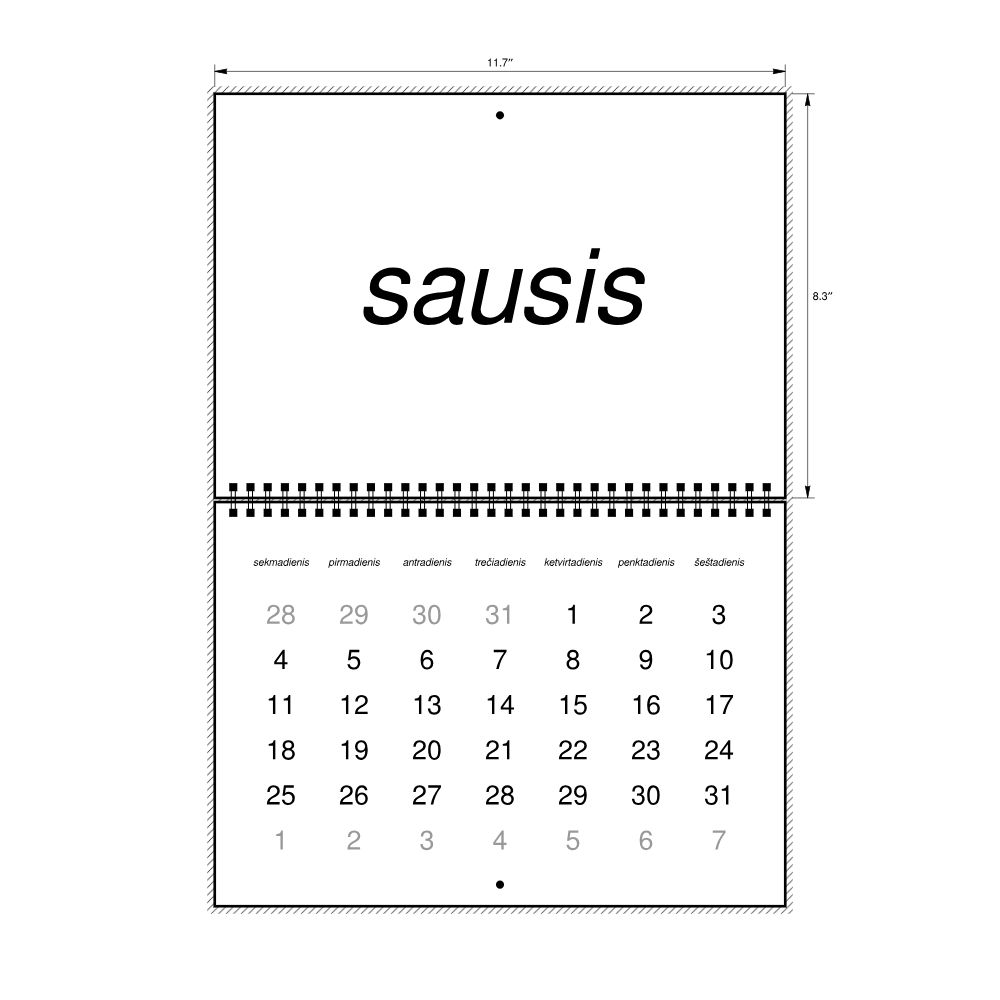 Leskoff 2026 Wall Calendar, Lithuanian-Labeled, Sunday-Start Layout, Wire-Bound, 11.7 x 8.3 in (29.7 x 21.0 cm), image 2 of 2