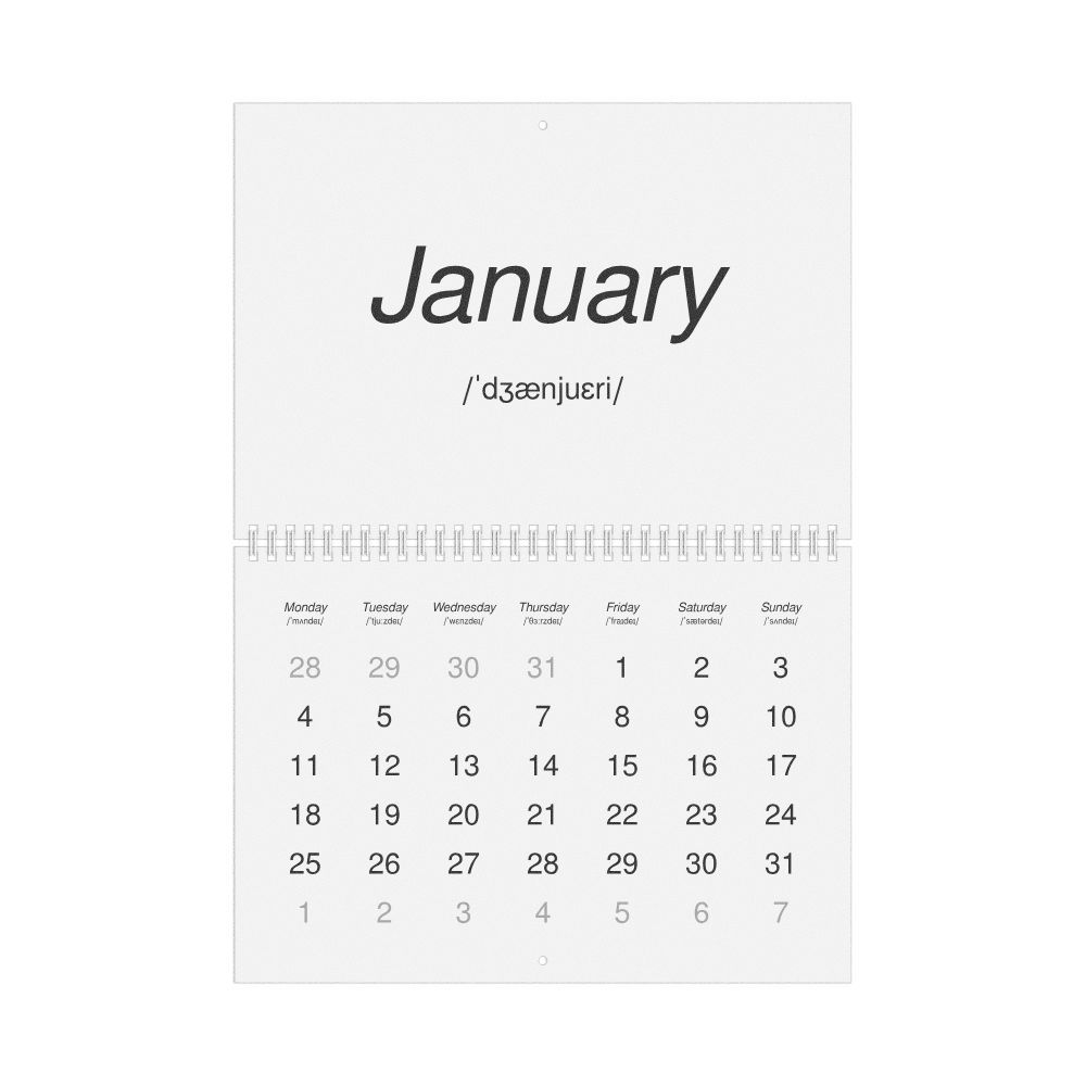 Leskoff 2027 Phonetic Wall Calendar, English-Labeled with IPA, Monday-Start Layout, Wire-Bound, 11.7 x 8.3 in (29.7 x 21.0 cm), image 1 of 1