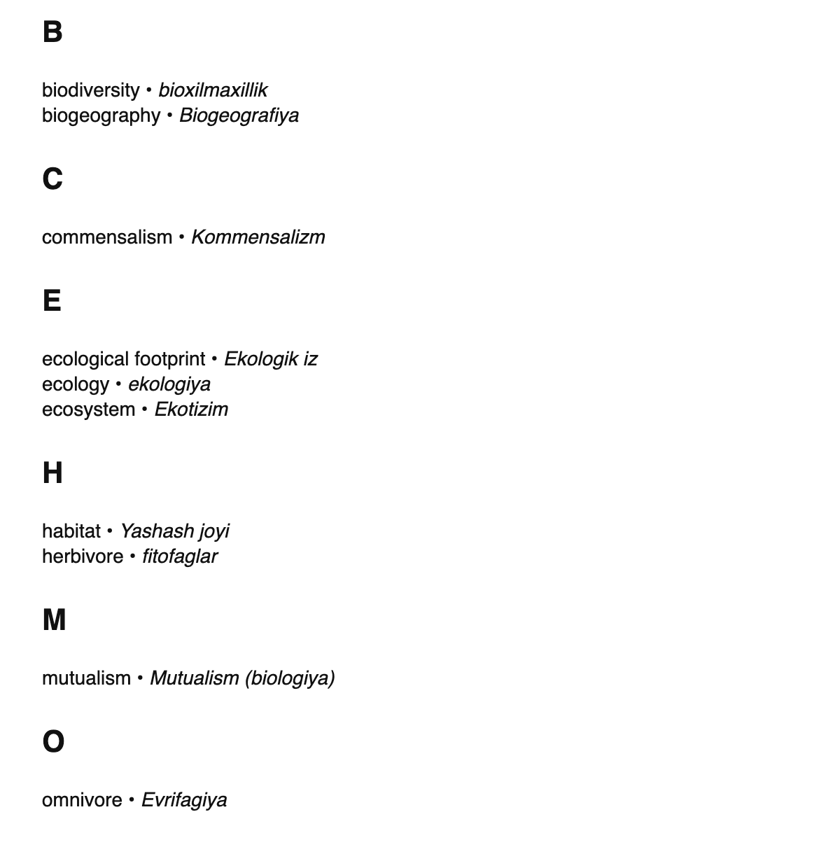 Ecology terms in Uzbek