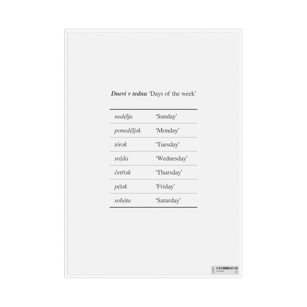 Leskoff Days of the Week in Slovene, Desk Chart, 8.3 x 11.7 in (21.0 x 29.7 cm), image 1 of 1