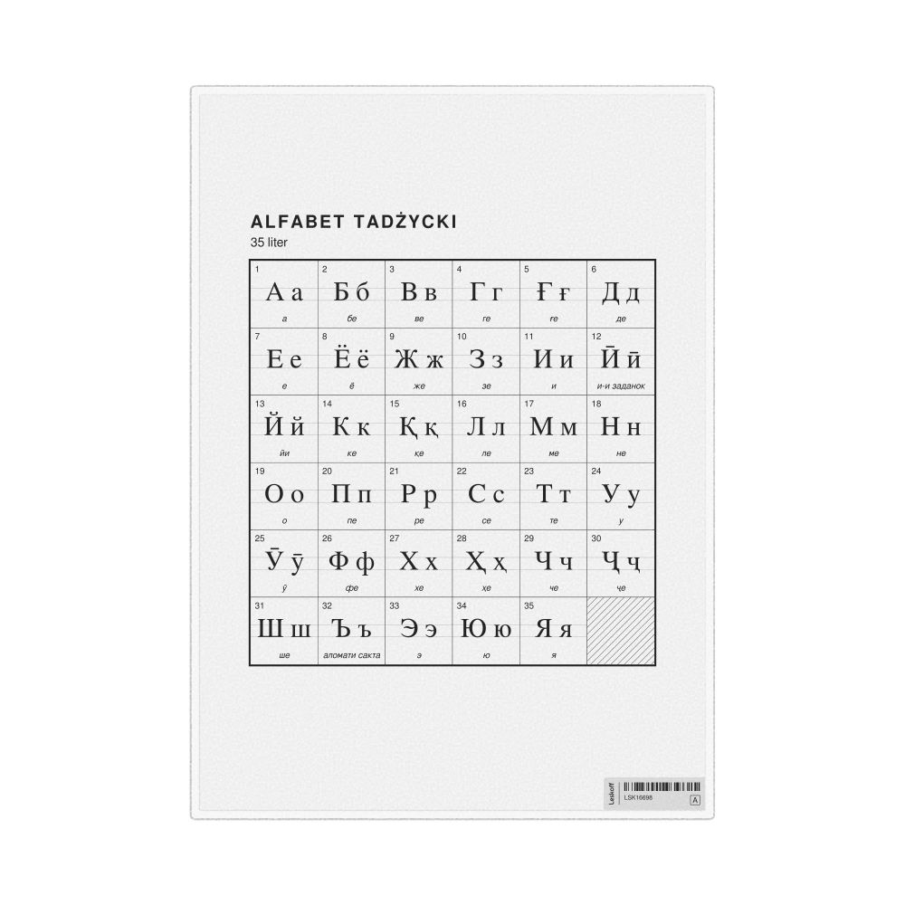 Leskoff Tajik Alphabet Chart, 8.3 x 11.7 in (21.0 x 29.7 cm, Desk Chart, Laminated), Polish-Labeled, image 1 of 2