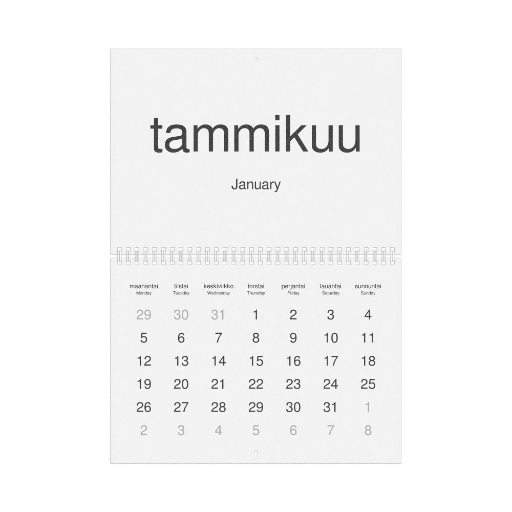 Leskoff 2026 Wall Calendar, Finnish/English-Labeled, Monday-Start Layout, Wire-Bound, 11.7 x 8.3 in (29.7 x 21.0 cm), image 1 of 1
