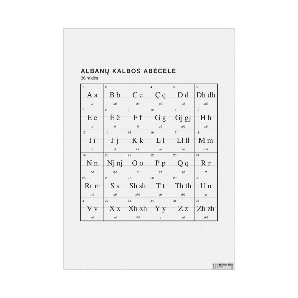 Leskoff Albanian Alphabet Chart, 23.4 x 33.1 in (59.4 x 84.1 cm, Poster / Wall Chart), Lithuanian-Labeled, image 1 of 2