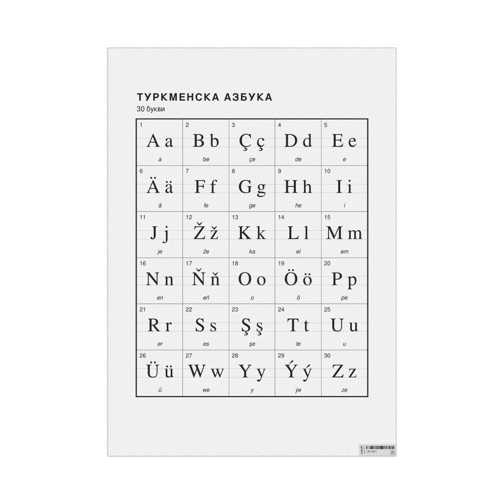 Leskoff Turkmen Alphabet Chart, 23.4 x 33.1 in (59.4 x 84.1 cm, Poster / Wall Chart), Macedonian-Labeled, image 1 of 2