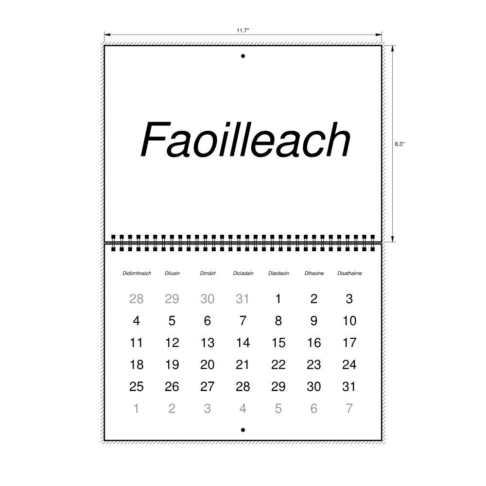 Leskoff 2026 Wall Calendar, Scottish Gaelic-Labeled, Sunday-Start Layout, Wire-Bound, 11.7 x 8.3 in (29.7 x 21.0 cm), image 2 of 2