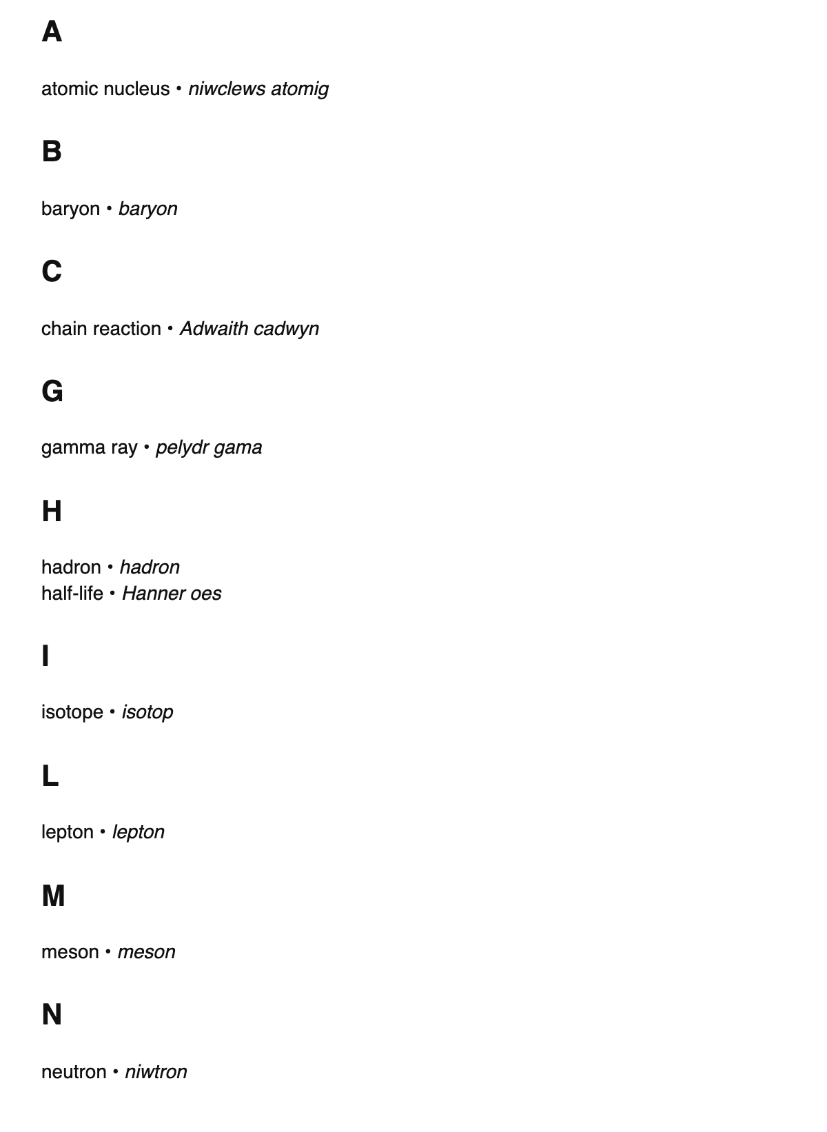 Nuclear physics terms in Welsh