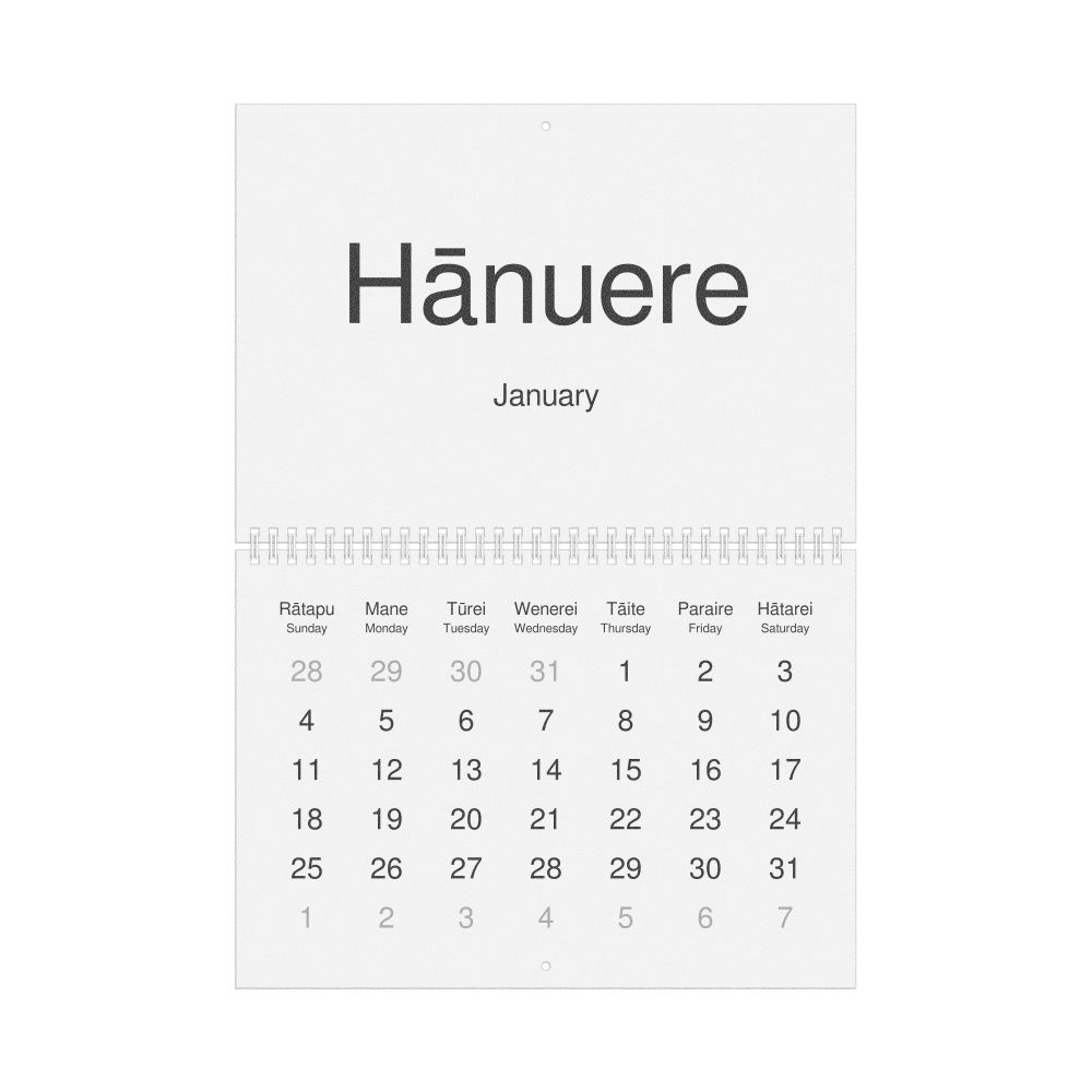 Leskoff 2026 Wall Calendar, Māori/English-Labeled, Sunday-Start Layout, Wire-Bound, 11.7 x 8.3 in (29.7 x 21.0 cm), image 1 of 1