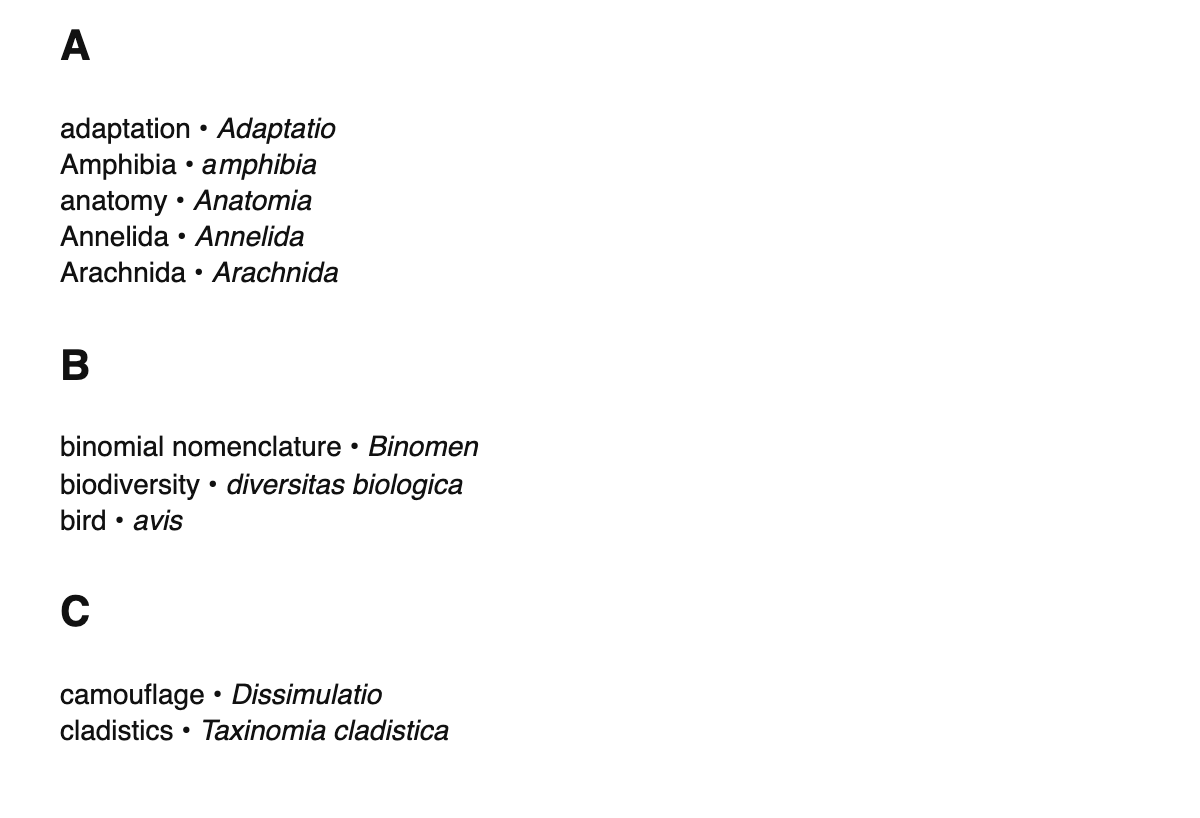 Zoology terms in Latin