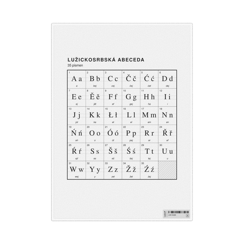 Leskoff Sorbian Alphabet Chart, 8.3 x 11.7 in (21.0 x 29.7 cm, Desk Chart, Laminated), Czech-Labeled, image 1 of 2