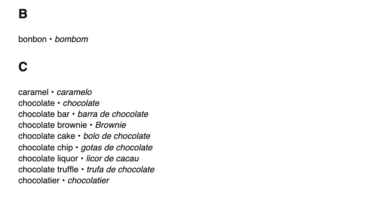 Chocolate terms in Portuguese