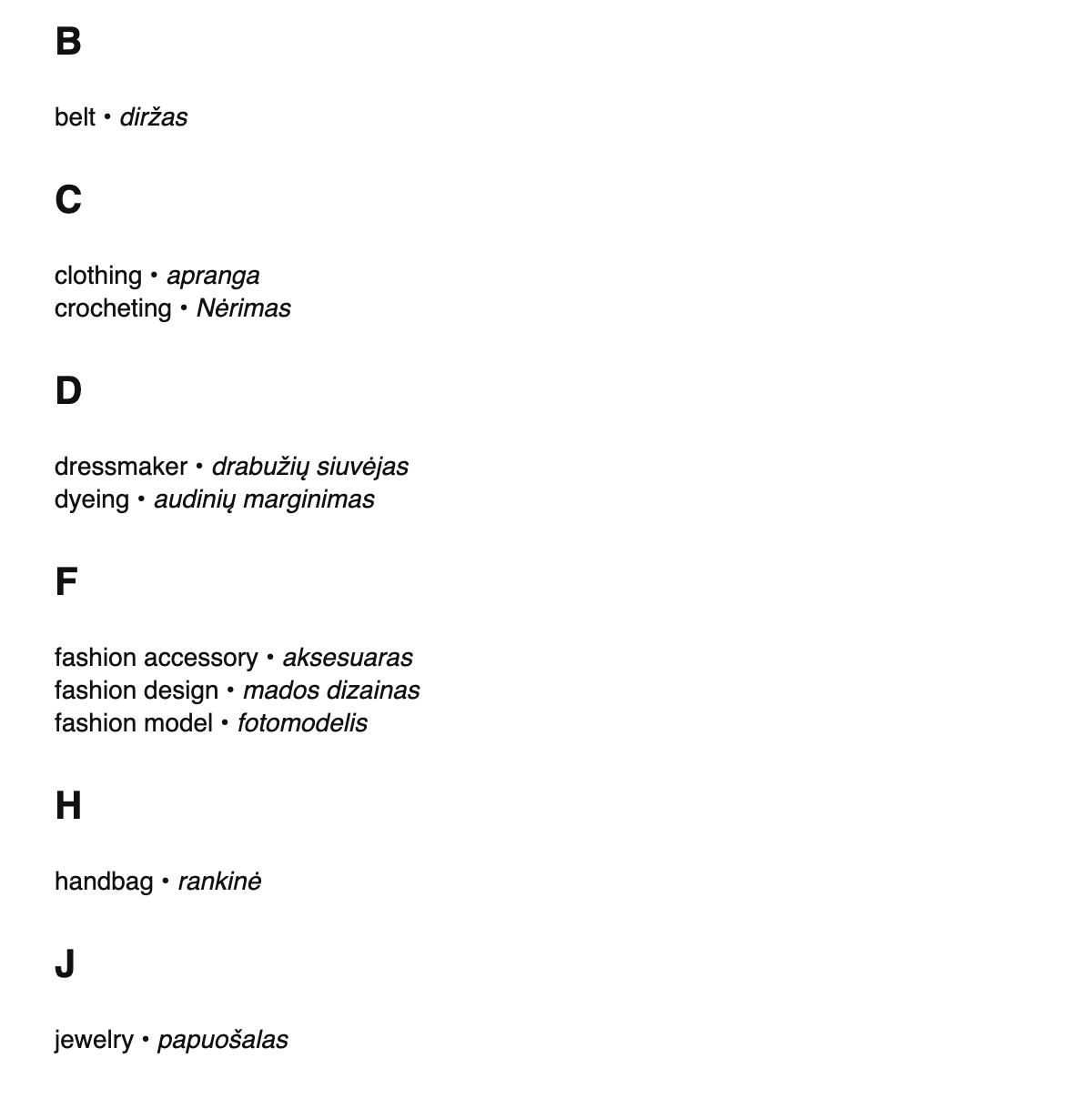 Fashion design terms in Lithuanian