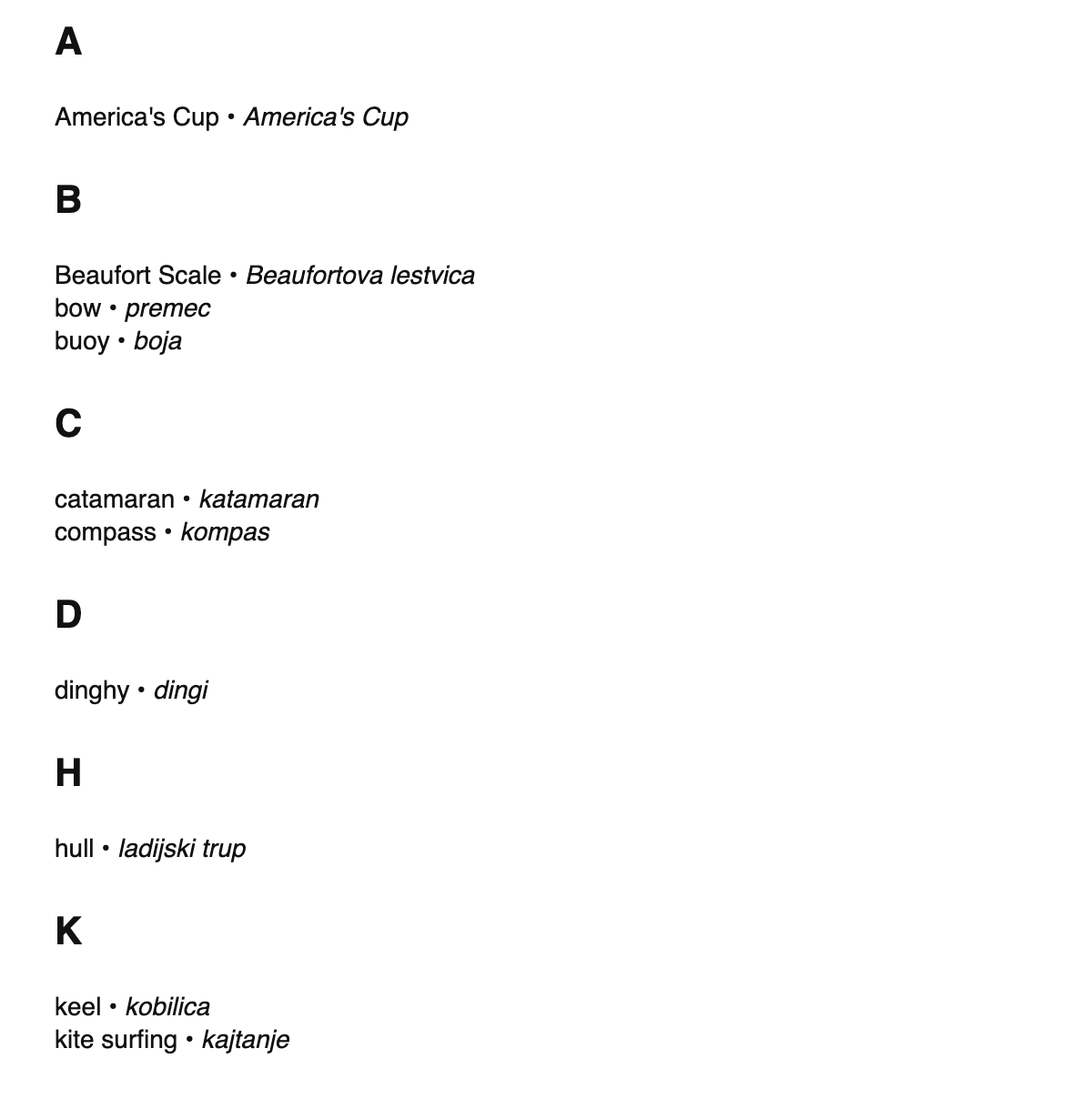 Sailing terms in Slovene