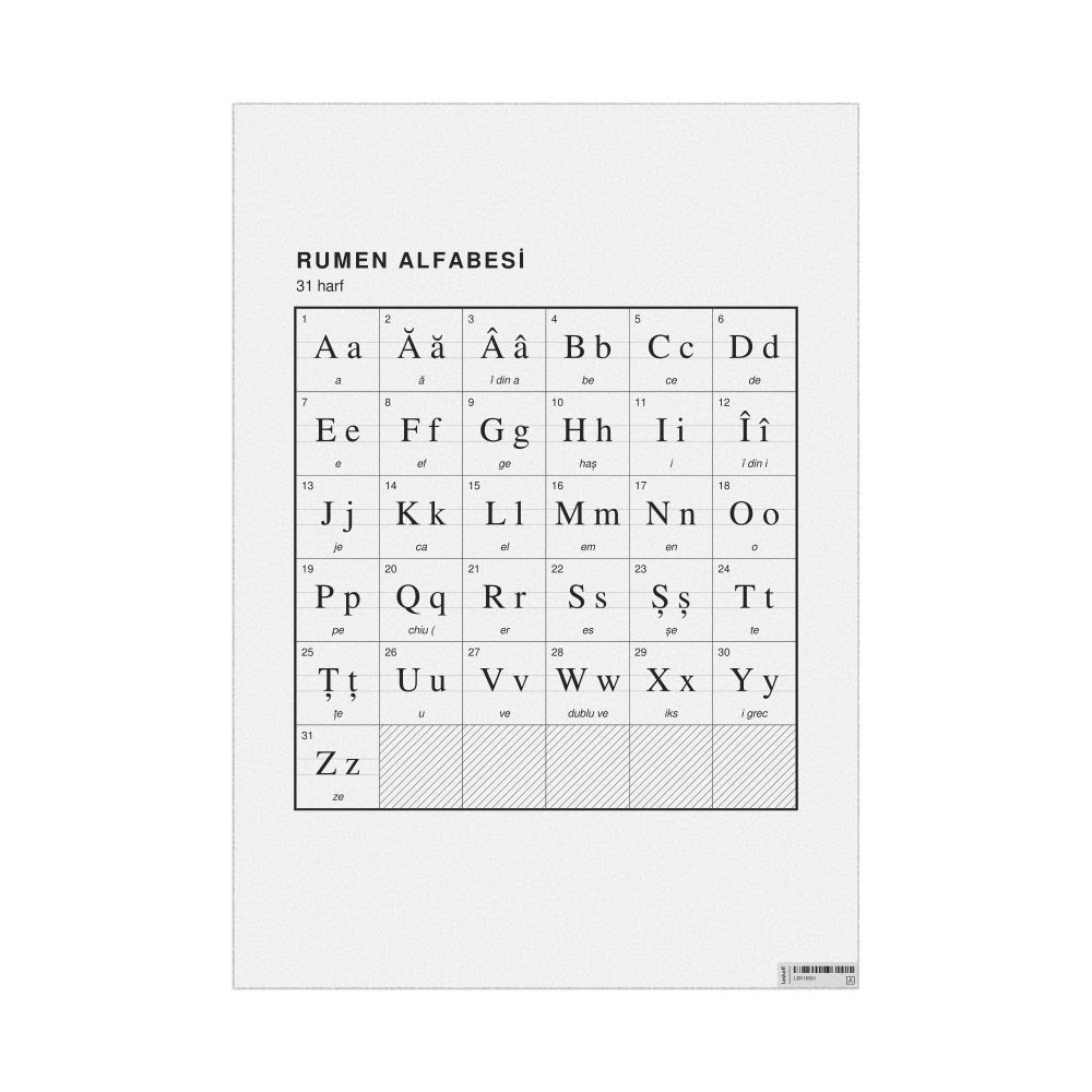 Leskoff Romanian Alphabet Chart, 23.4 x 33.1 in (59.4 x 84.1 cm, Poster / Wall Chart), Turkish-Labeled, image 1 of 2