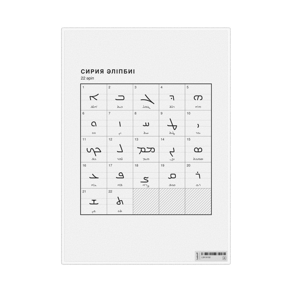 Leskoff Syriac Alphabet Chart, 8.3 x 11.7 in (21.0 x 29.7 cm, Desk Chart, Laminated), Kazakh-Labeled, image 1 of 2