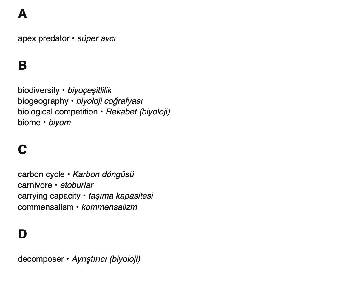 Ecology terms in Turkish