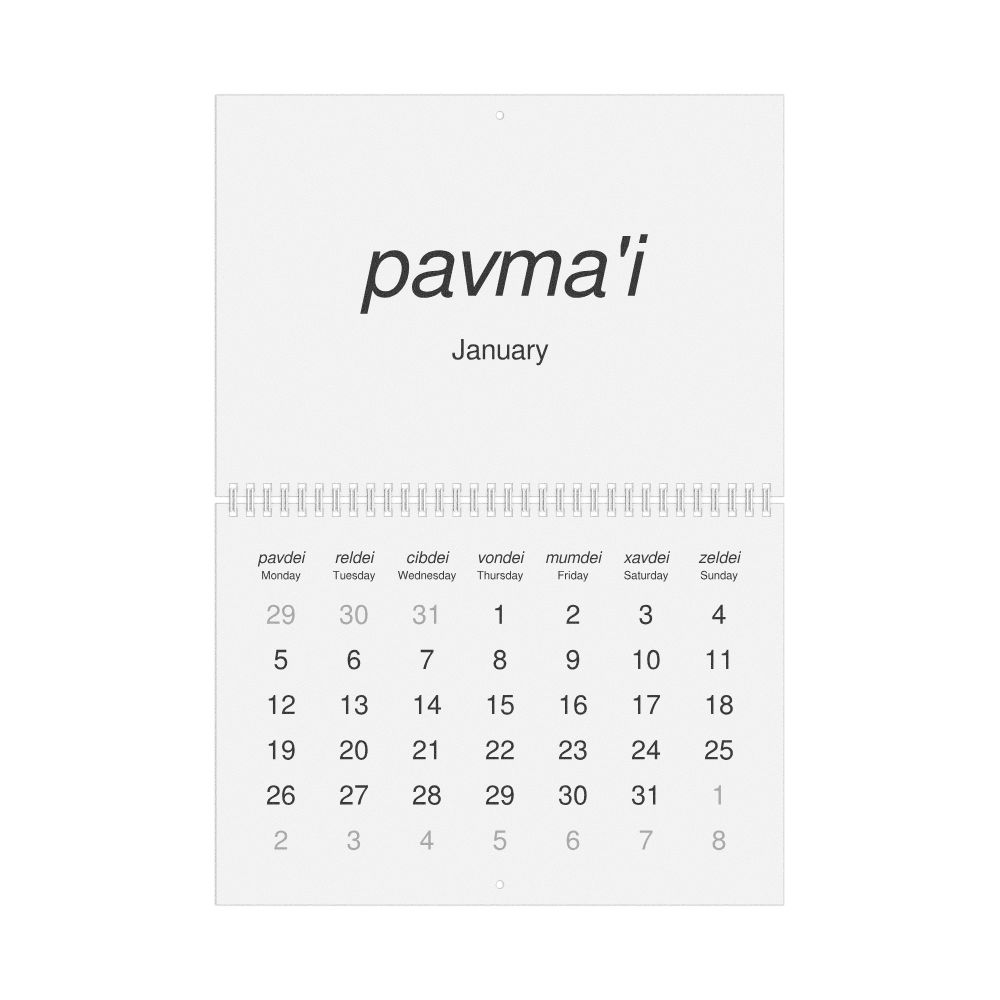 Leskoff 2026 Wall Calendar, Lojban/English-Labeled, Monday-Start Layout, Wire-Bound, 11.7 x 8.3 in (29.7 x 21.0 cm), image 1 of 1
