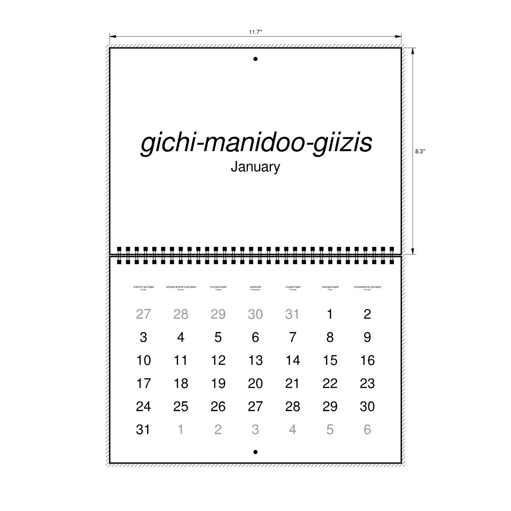 Leskoff 2027 Wall Calendar, Ojibwe/English-Labeled, Sunday-Start Layout, Wire-Bound, 11.7 x 8.3 in (29.7 x 21.0 cm), image 2 of 2