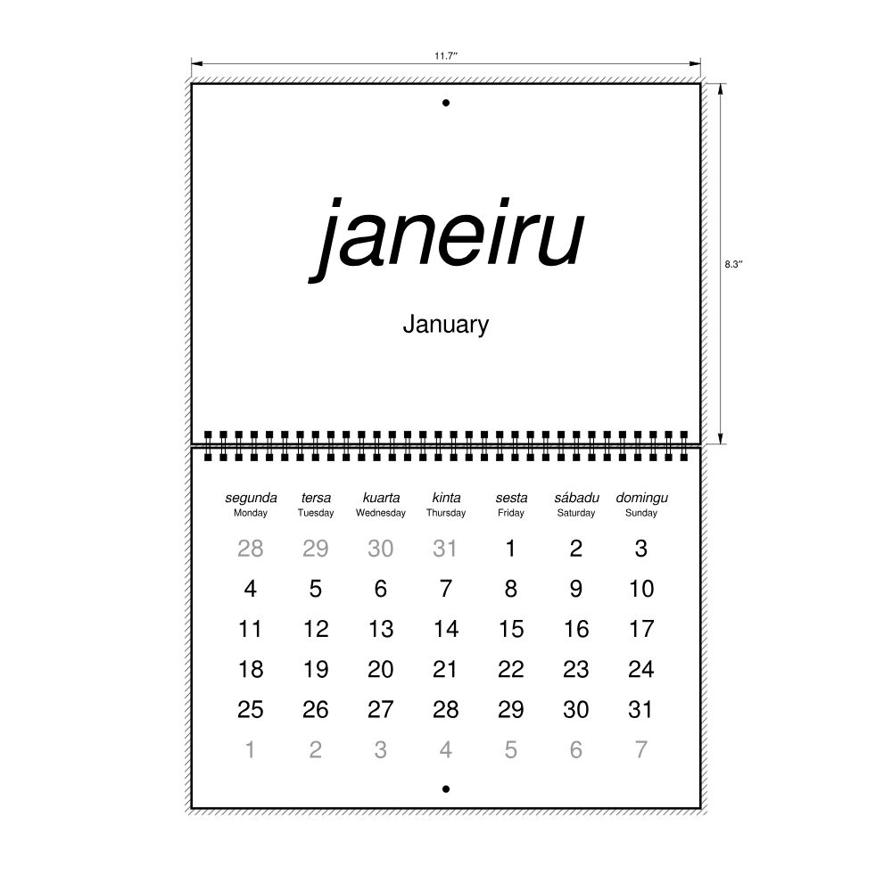 Leskoff 2027 Wall Calendar, Tetum/English-Labeled, Monday-Start Layout, Wire-Bound, 11.7 x 8.3 in (29.7 x 21.0 cm), image 2 of 2