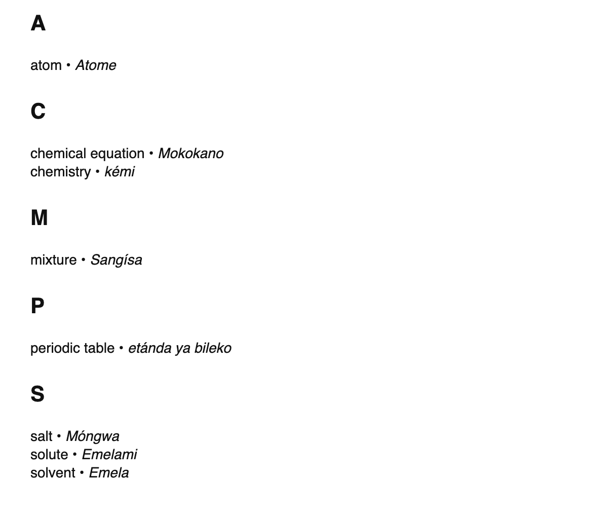 Chemistry terms in Lingala