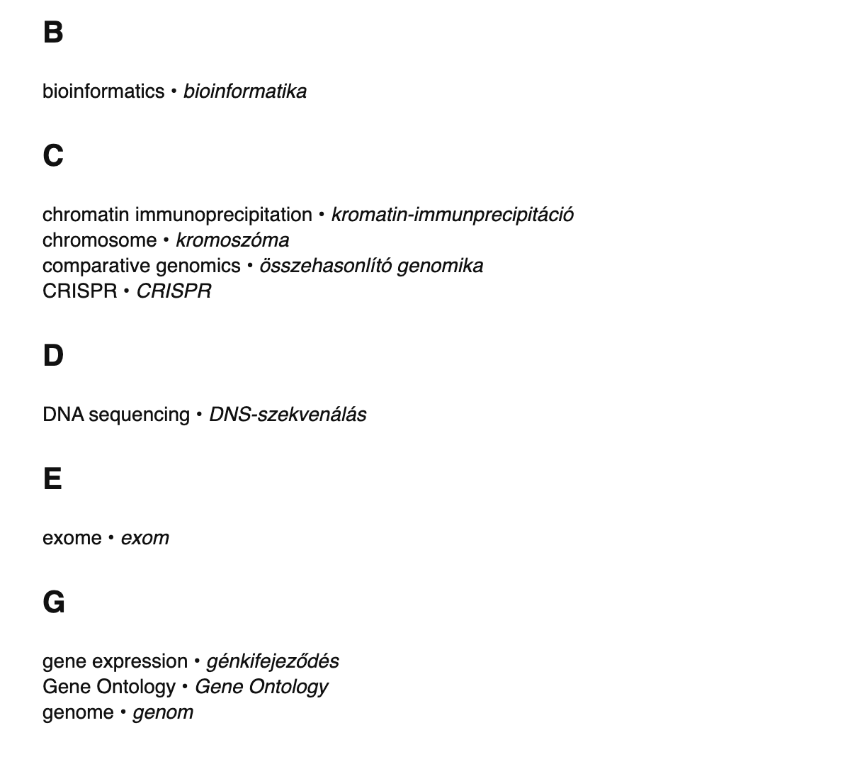 Genomics terms in Hungarian